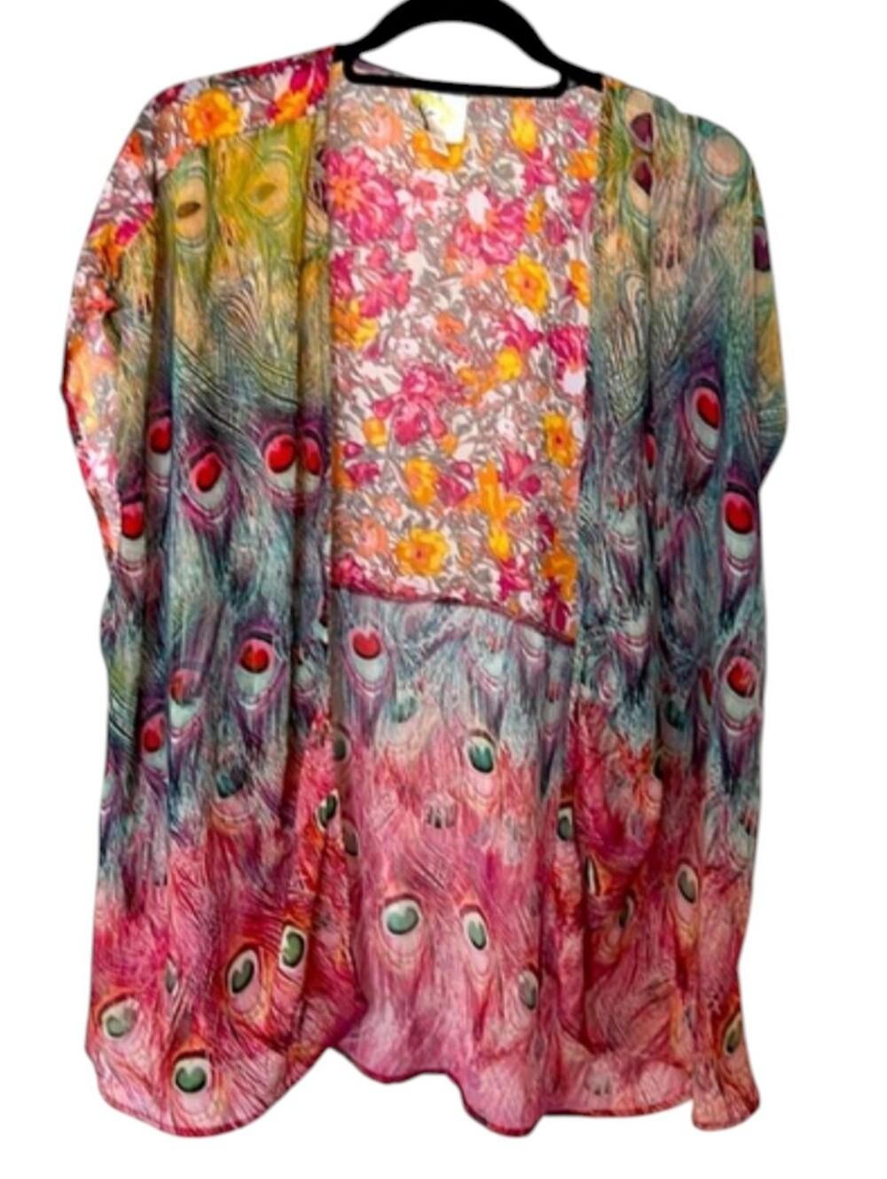 Anthropologie Fig and Flower Kimono 2X Figueroa Peacock Feather Floral